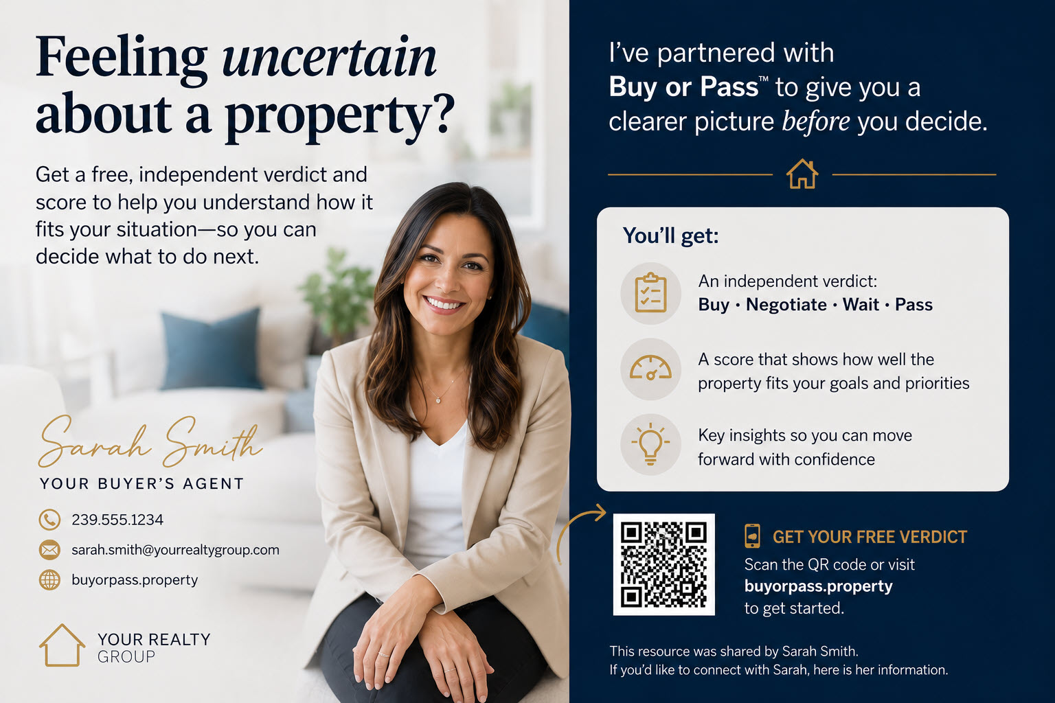 Example of personalized social media content real estate agents can share to help prospective buyers navigate property uncertainty with a free Buy or Pass™ verdict and score.
