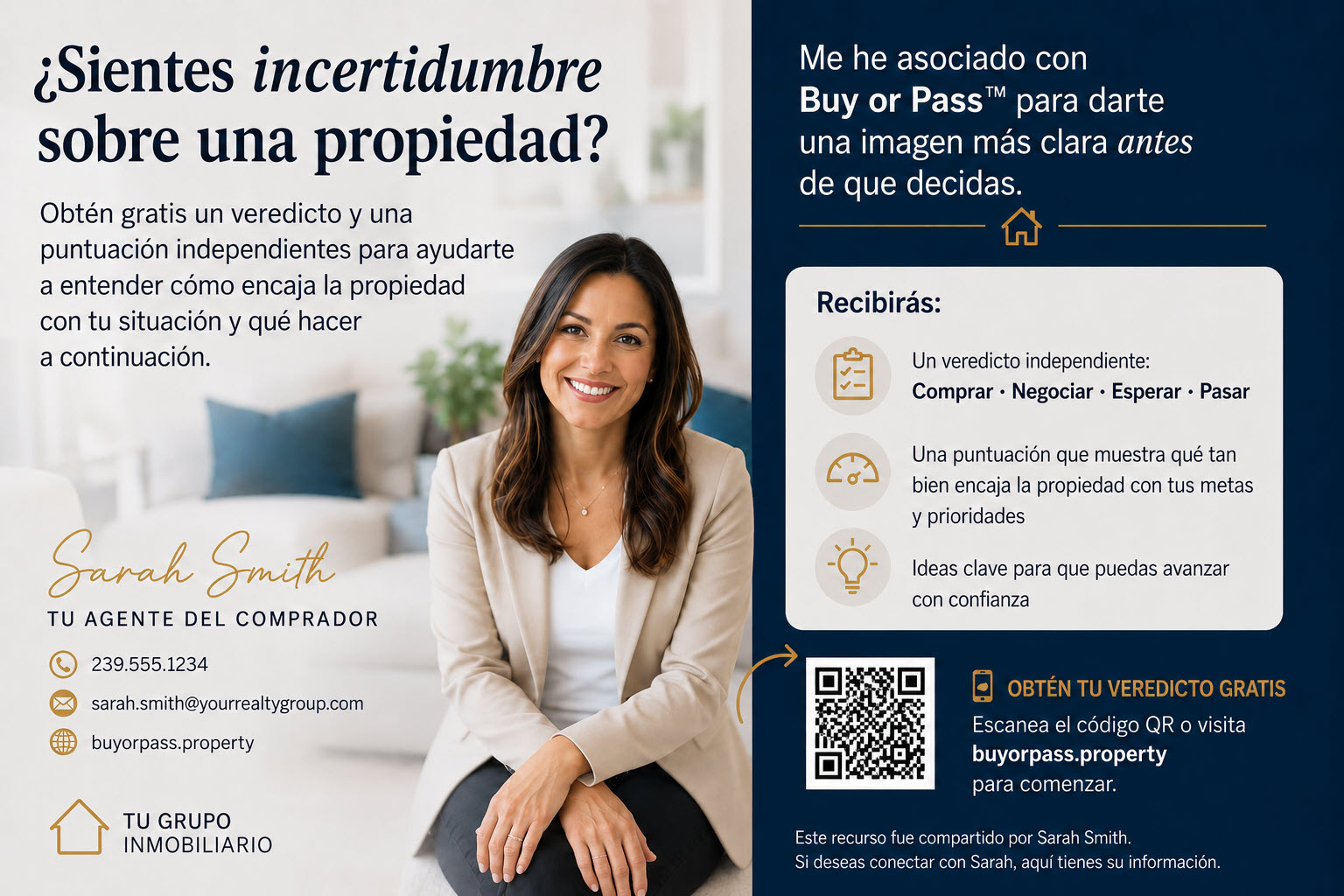 Ejemplo de contenido personalizado que los agentes inmobiliarios pueden compartir en redes sociales para ayudar a potenciales compradores a afrontar la incertidumbre sobre una propiedad con un veredicto y una puntuación gratuitos de Buy or Pass™
